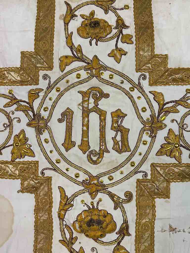 Antique Vietnamese Catholic IHS Cross Design Chasuble Authentic Ecclesiastical Cloth