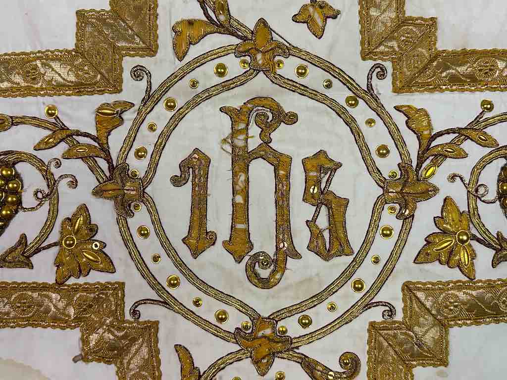 Antique Vietnamese Catholic IHS Cross Design Chasuble Authentic Ecclesiastical Cloth