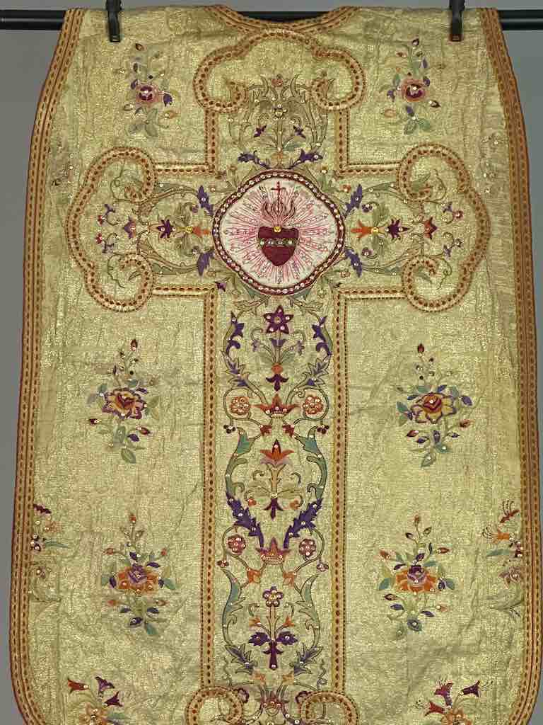 Antique Vietnamese Catholic Sacred Heart Cross Design Chasuble Authentic Ecclesiastical Garment