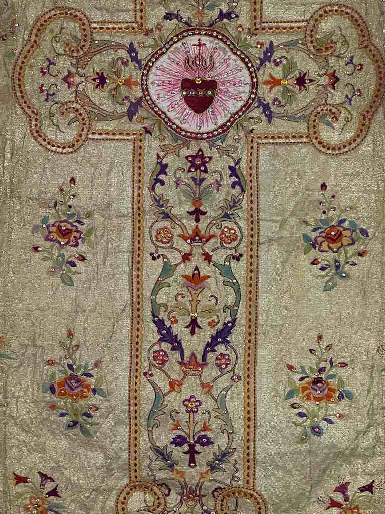 Antique Vietnamese Catholic Sacred Heart Cross Design Chasuble Authentic Ecclesiastical Garment
