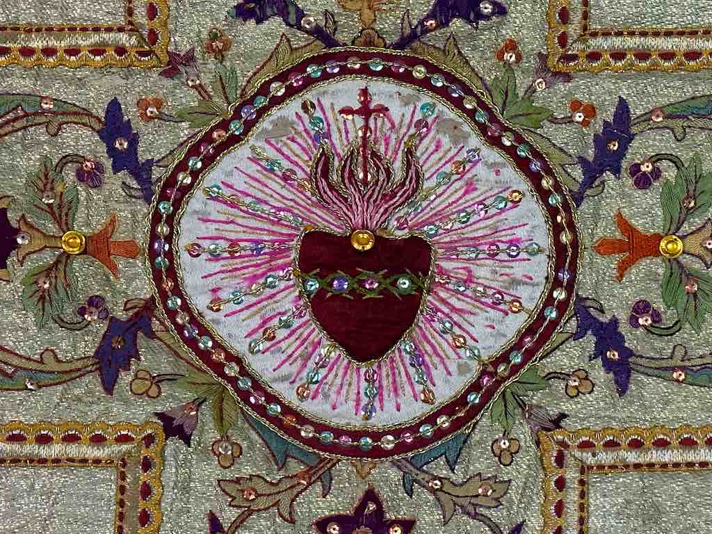 Antique Vietnamese Catholic Sacred Heart Cross Design Chasuble Authentic Ecclesiastical Garment