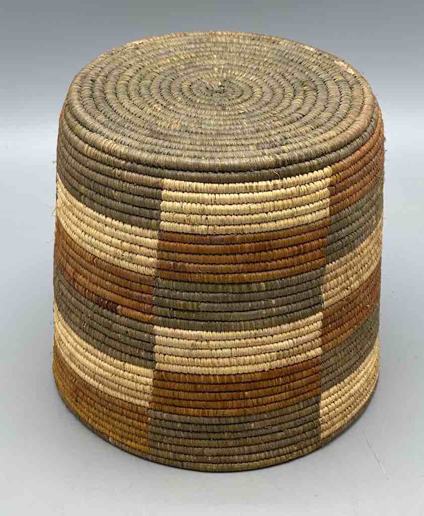 Earth tone checkerboard cylinder tightest weave Batwa basket