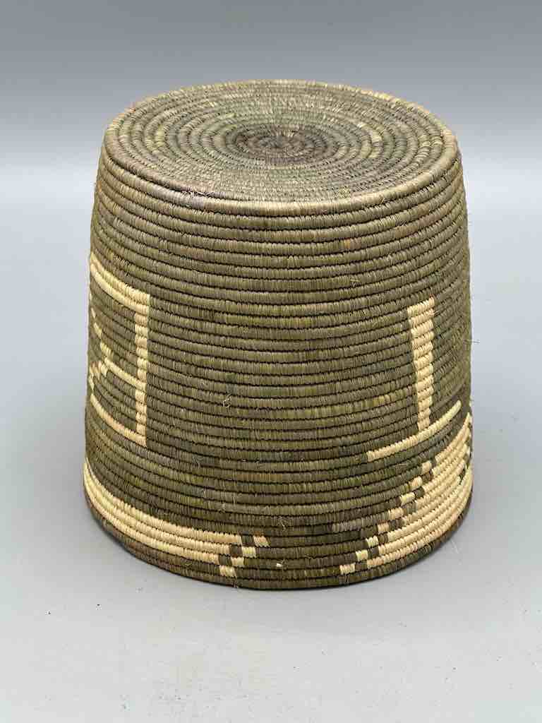 Earth tone checkerboard cylinder tightest weave Batwa basket