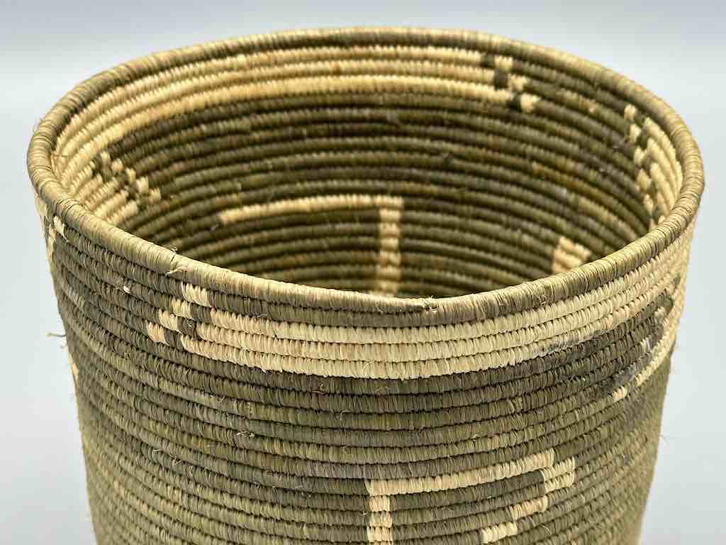 Earth tone checkerboard cylinder tightest weave Batwa basket