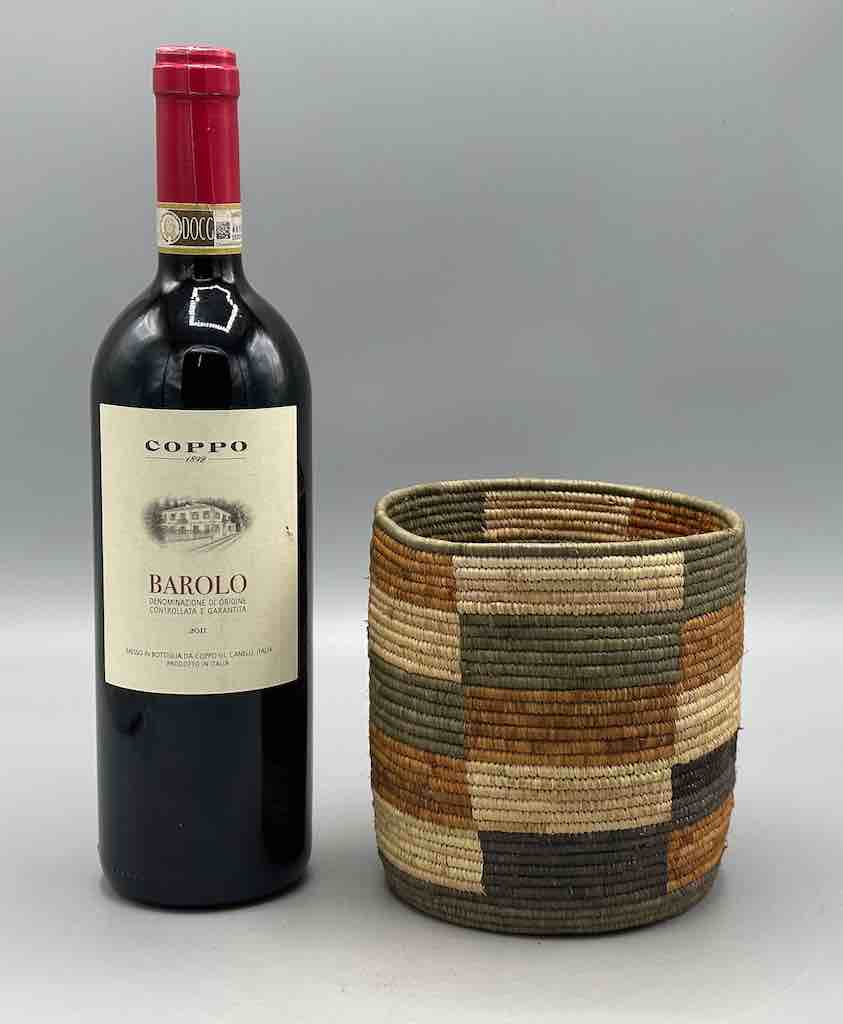 Earth tone checkerboard cylinder tightest weave Batwa basket