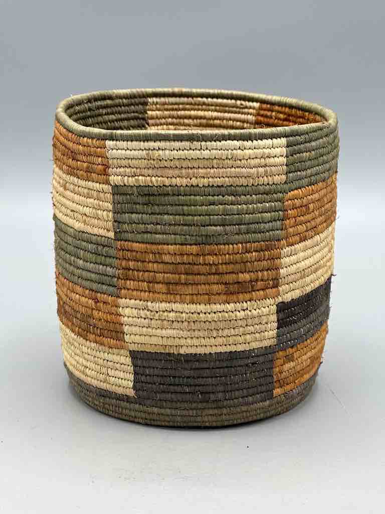 Earth tone checkerboard cylinder tightest weave Batwa basket