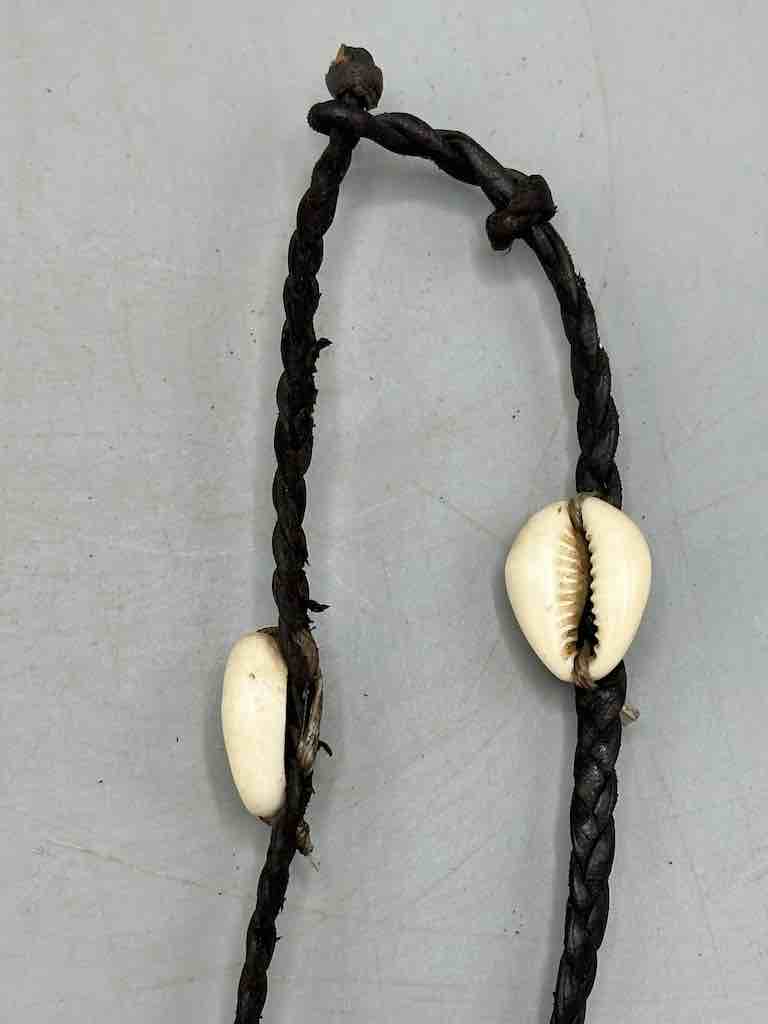 Leather & Cowrie Shell Brass Fish Pendant Necklace Choker - Mali