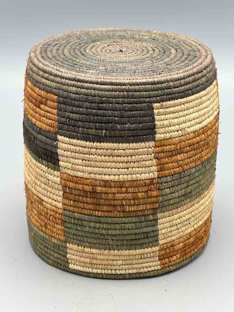 Earth tone checkerboard cylinder tightest weave Batwa basket