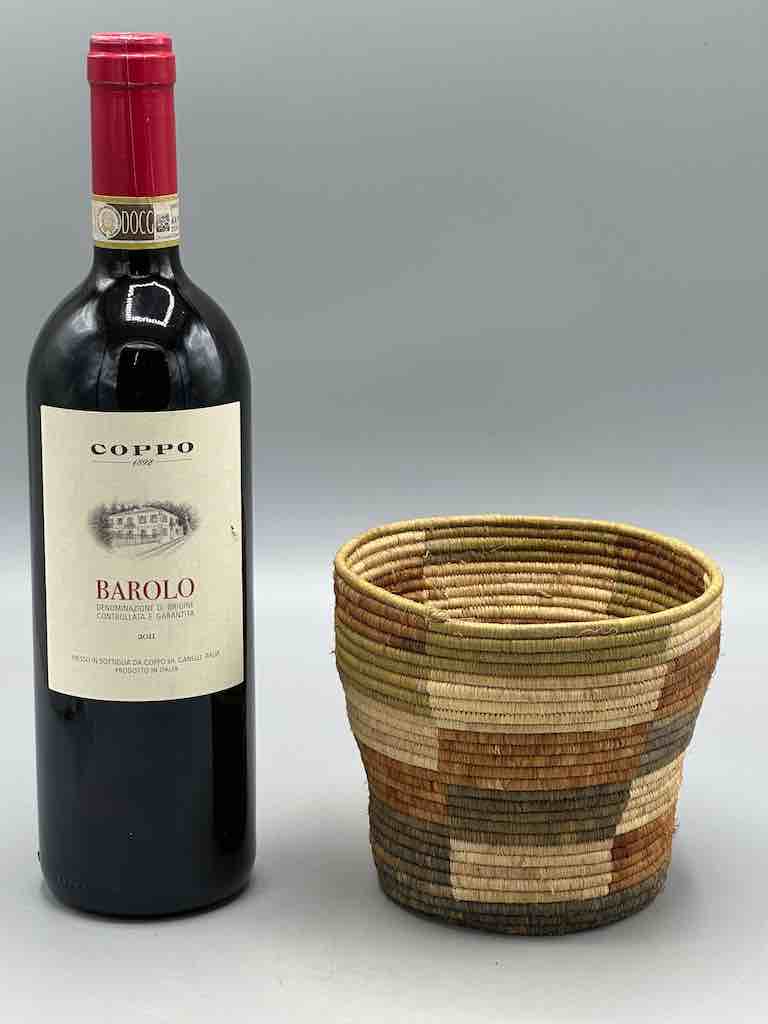 Earth tone checkerboard cylinder tightest weave Batwa basket