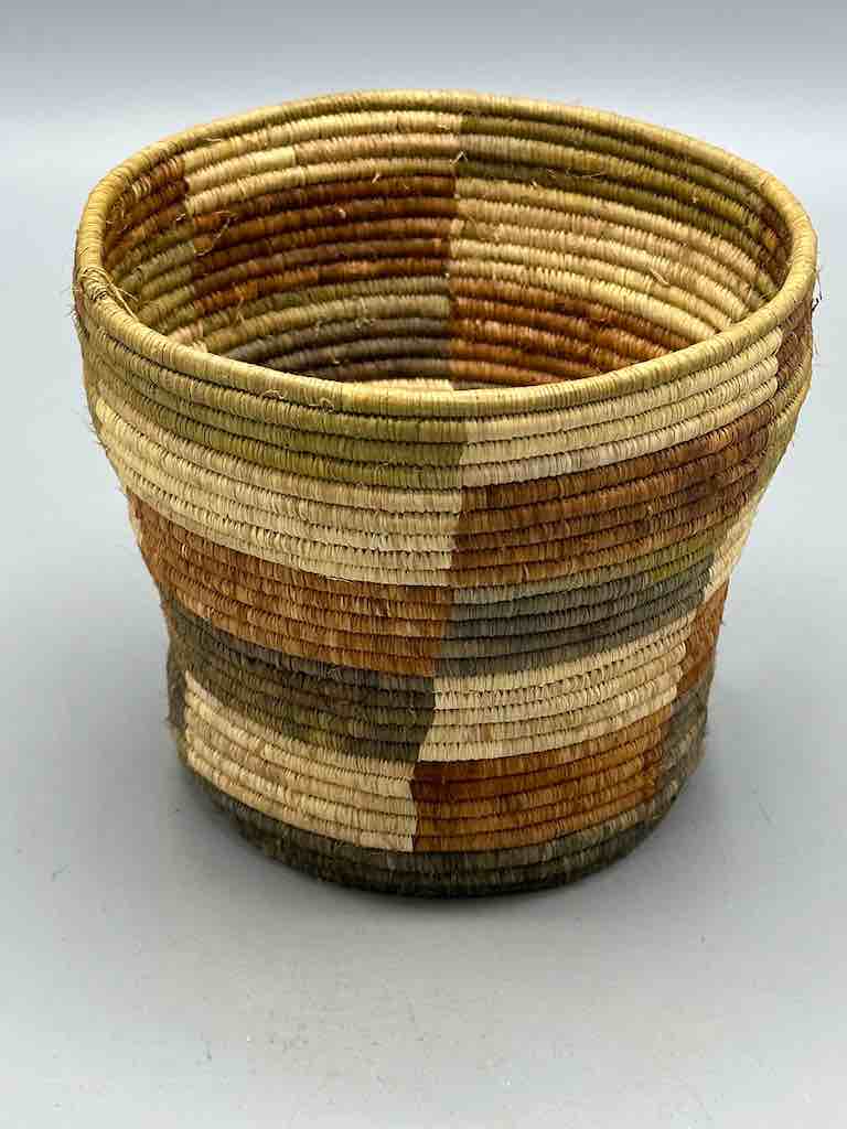 Earth tone checkerboard cylinder tightest weave Batwa basket