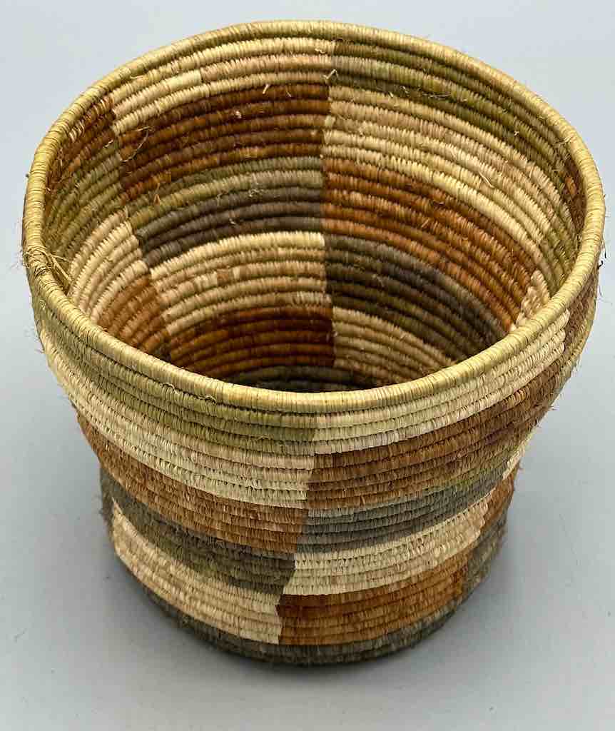 Earth tone checkerboard cylinder tightest weave Batwa basket
