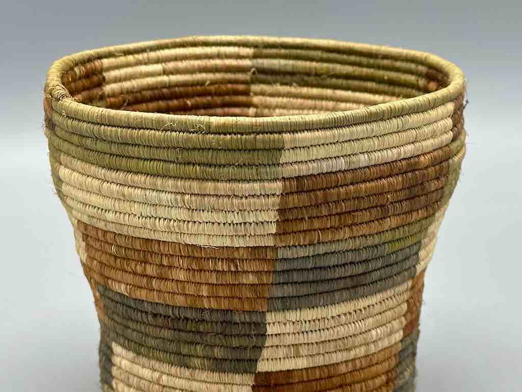 Earth tone checkerboard cylinder tightest weave Batwa basket