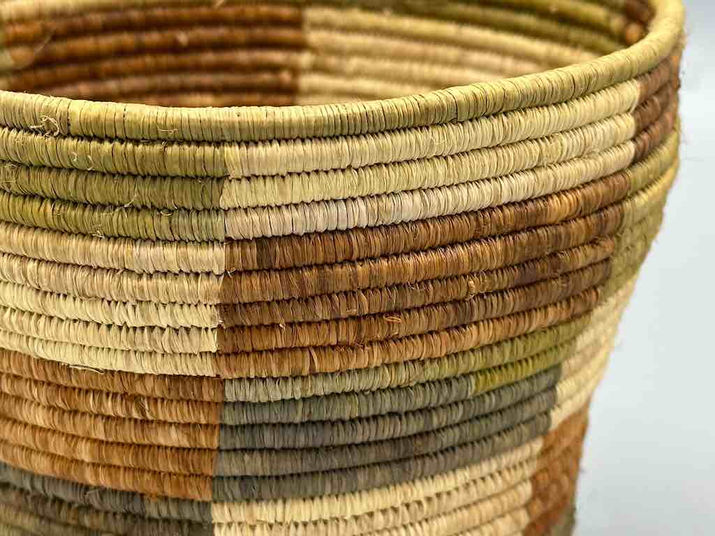 Earth tone checkerboard cylinder tightest weave Batwa basket