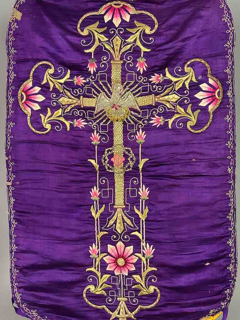 Antique Vietnamese Catholic Nurturing Bird Cross Design Chasuble Authentic Ecclesiastical Garment
