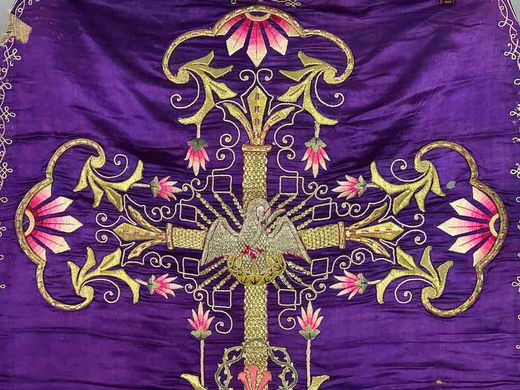 Antique Vietnamese Catholic Nurturing Bird Cross Design Chasuble Authentic Ecclesiastical Garment