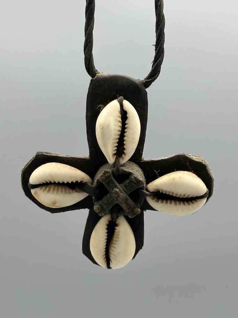 Leather & Cowrie Shell Brass Gold Weight Pendant Necklace - Mali