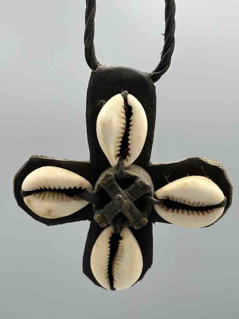 Leather & Cowrie Shell Brass Gold Weight Pendant Necklace - Mali