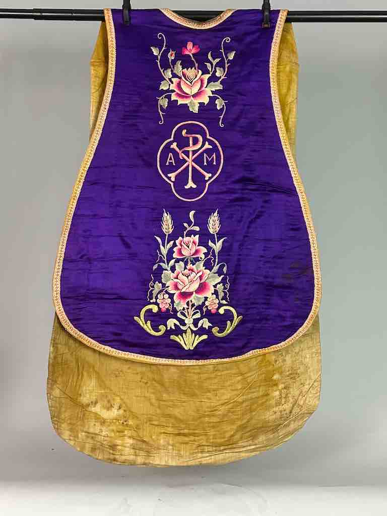 Antique Vietnamese Catholic IHS Chalice Design Chasuble Authentic Ecclesiastical Garment