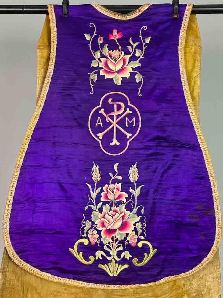 Antique Vietnamese Catholic IHS Chalice Design Chasuble Authentic Ecclesiastical Garment
