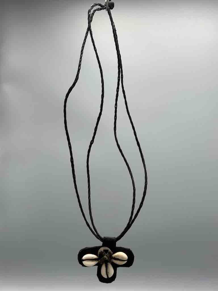 Leather & Cowrie Shell Brass Gold Weight Pendant Necklace - Mali