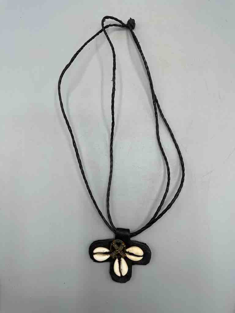 Leather & Cowrie Shell Brass Gold Weight Pendant Necklace - Mali