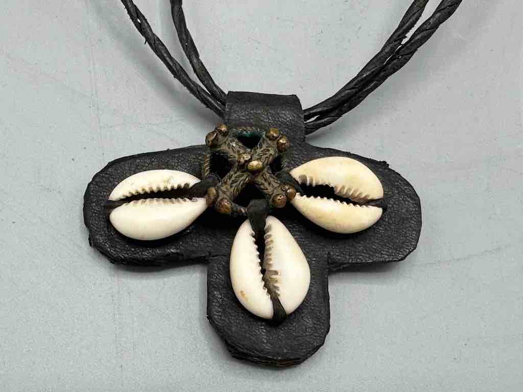 Leather & Cowrie Shell Brass Gold Weight Pendant Necklace - Mali