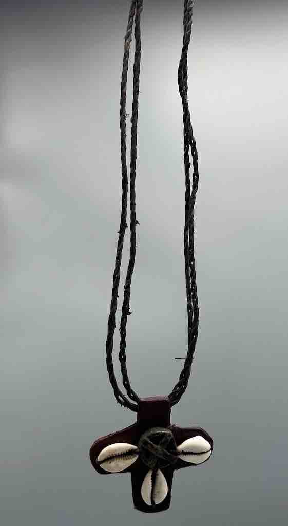Leather & Cowrie Shell Brass Gold Weight Maroon Pendant Necklace - Mali
