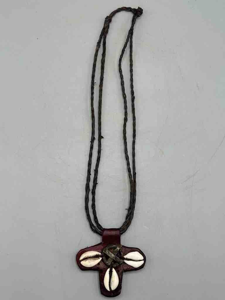 Leather & Cowrie Shell Brass Gold Weight Maroon Pendant Necklace - Mali
