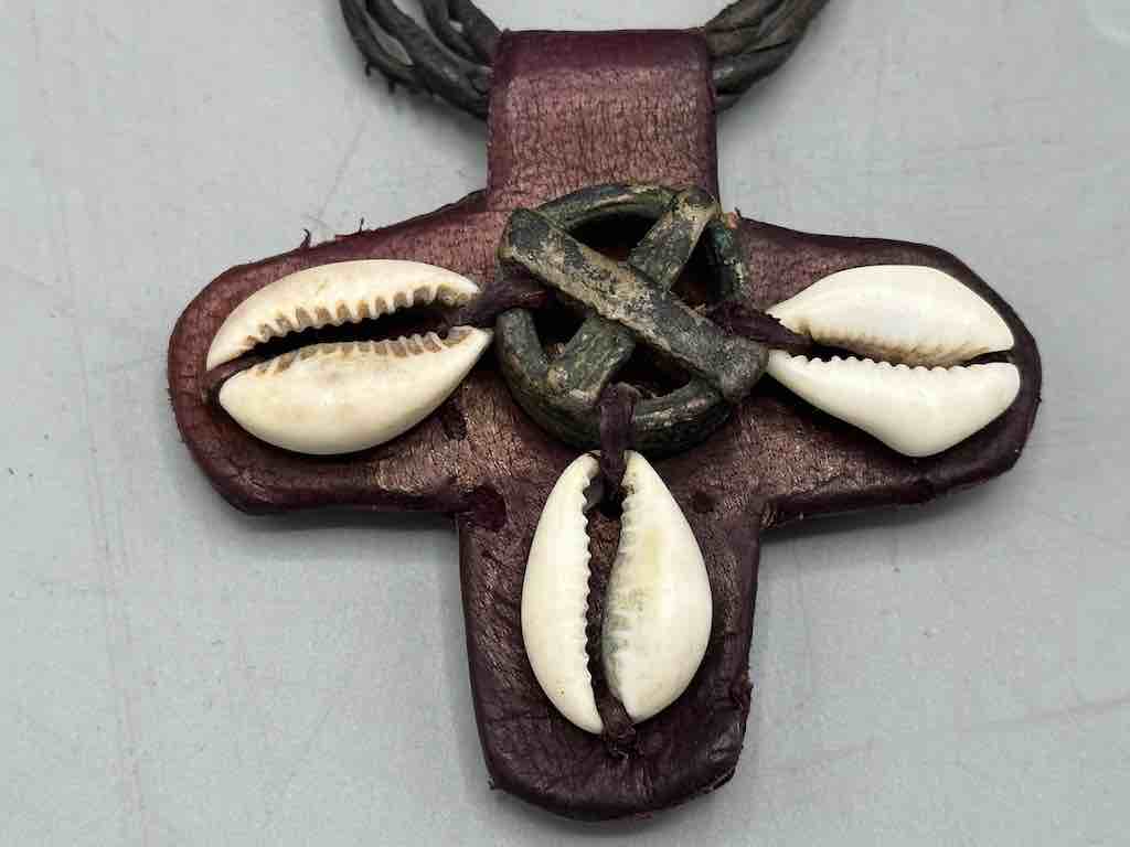 Leather & Cowrie Shell Brass Gold Weight Maroon Pendant Necklace - Mali