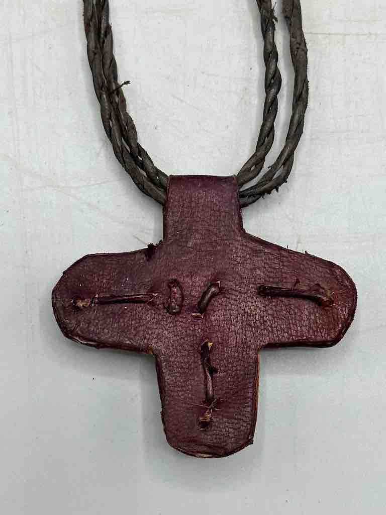Leather & Cowrie Shell Brass Gold Weight Maroon Pendant Necklace - Mali
