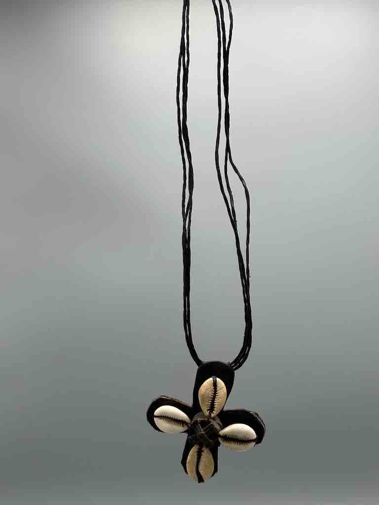 Leather & Cowrie Shell Brass Gold Weight Pendant Necklace - Mali