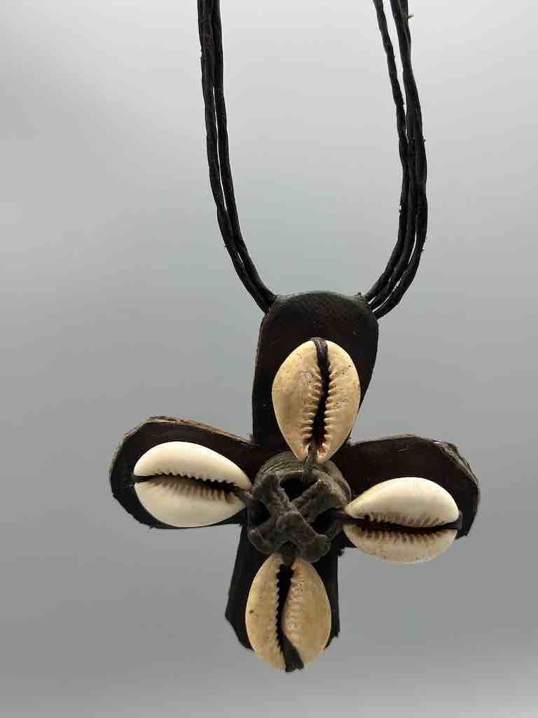 Leather & Cowrie Shell Brass Gold Weight Pendant Necklace - Mali