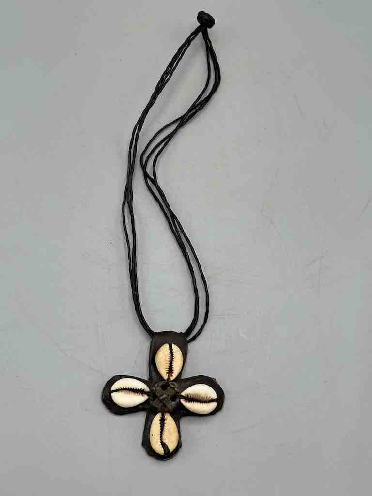 Leather & Cowrie Shell Brass Gold Weight Pendant Necklace - Mali