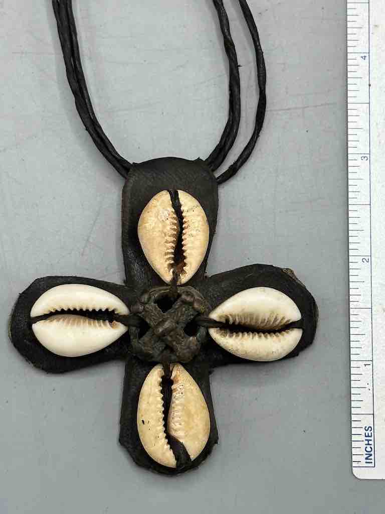 Leather & Cowrie Shell Brass Gold Weight Pendant Necklace - Mali