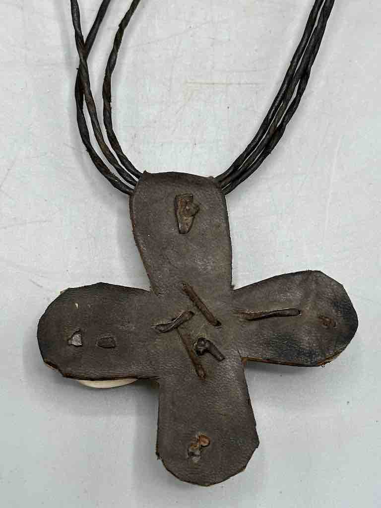 Leather & Cowrie Shell Brass Gold Weight Pendant Necklace - Mali