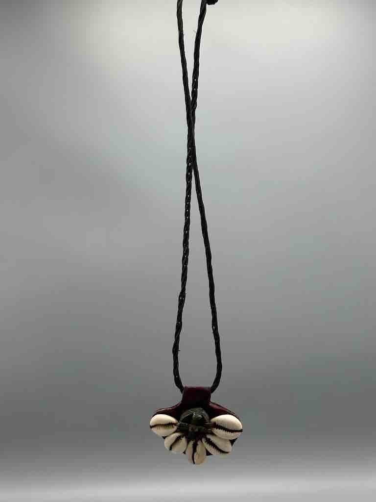 Leather & Cowrie Shell Brass Gold Weight Maroon Pendant Necklace - Mali
