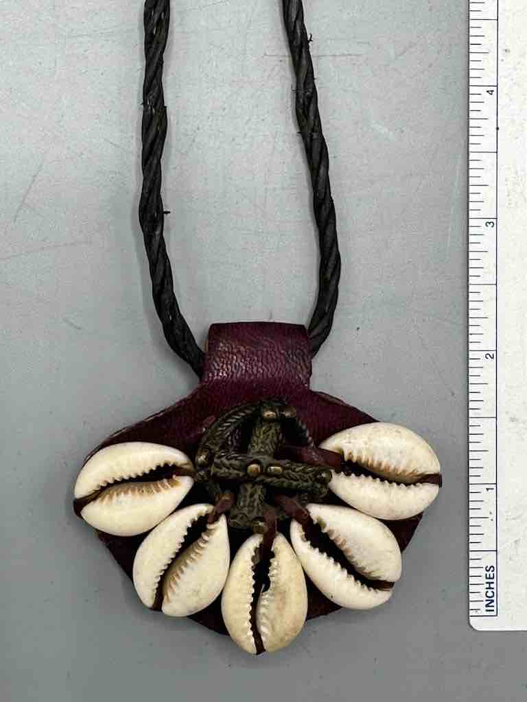 Leather & Cowrie Shell Brass Gold Weight Maroon Pendant Necklace - Mali