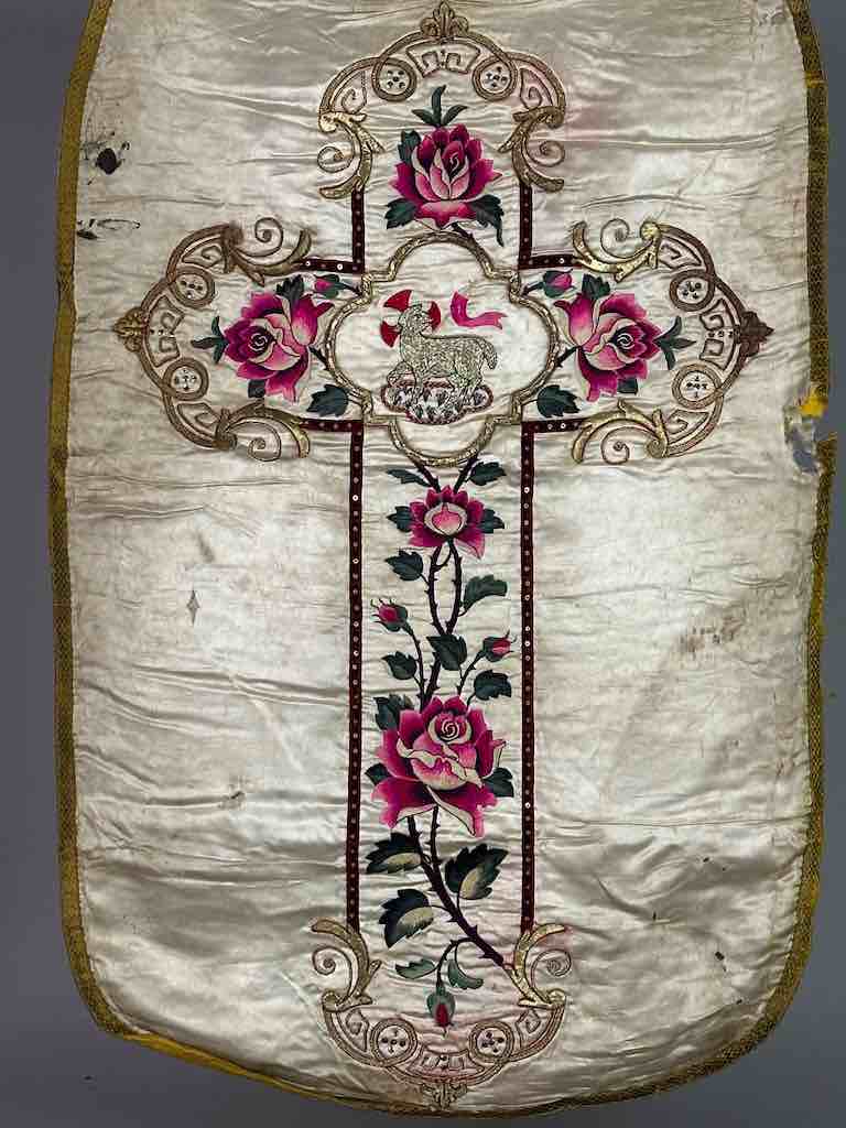 Antique Vietnamese Catholic Lamb of God Cross Design Chasuble Authentic Ecclesiastical Garment
