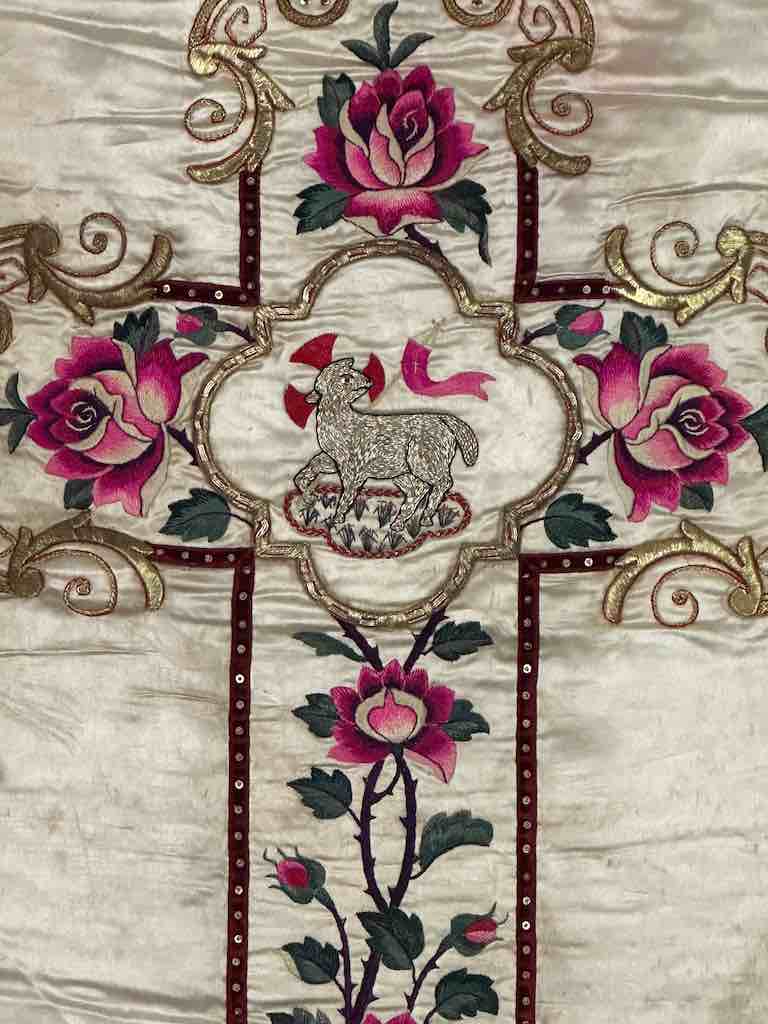Antique Vietnamese Catholic Lamb of God Cross Design Chasuble Authentic Ecclesiastical Garment