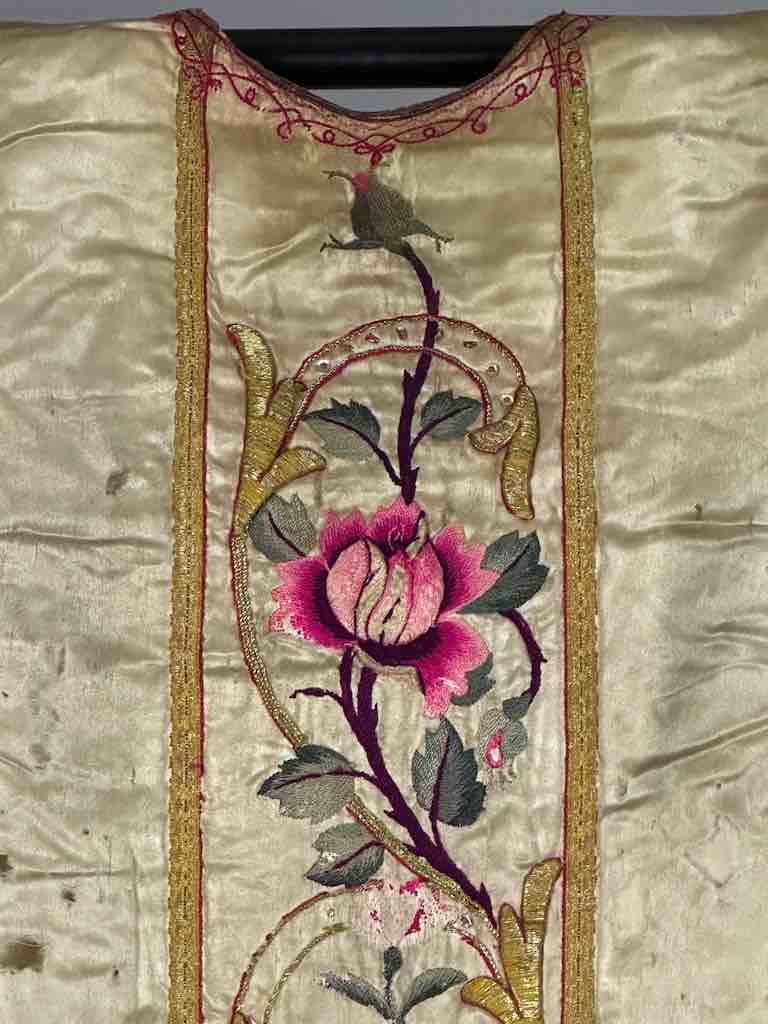 Antique Vietnamese Catholic Nurturing Bird Cross Design Chasuble Authentic Ecclesiastical Garment