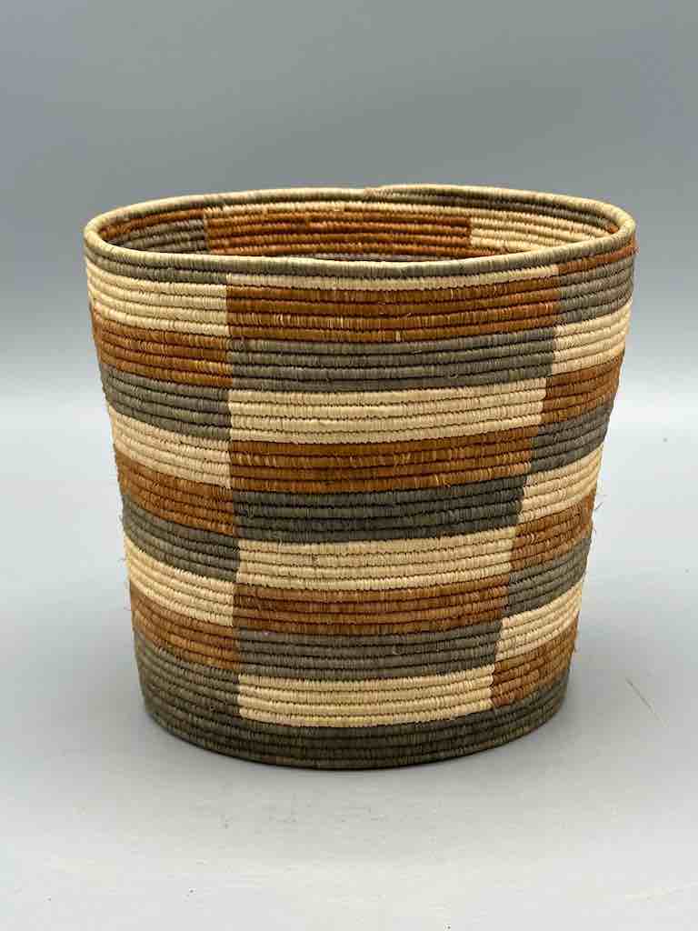 Earth tone checkerboard cylinder tightest weave Batwa basket