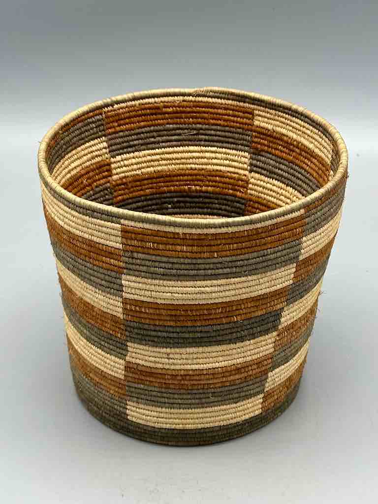 Earth tone checkerboard cylinder tightest weave Batwa basket