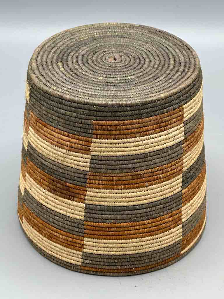 Earth tone checkerboard cylinder tightest weave Batwa basket