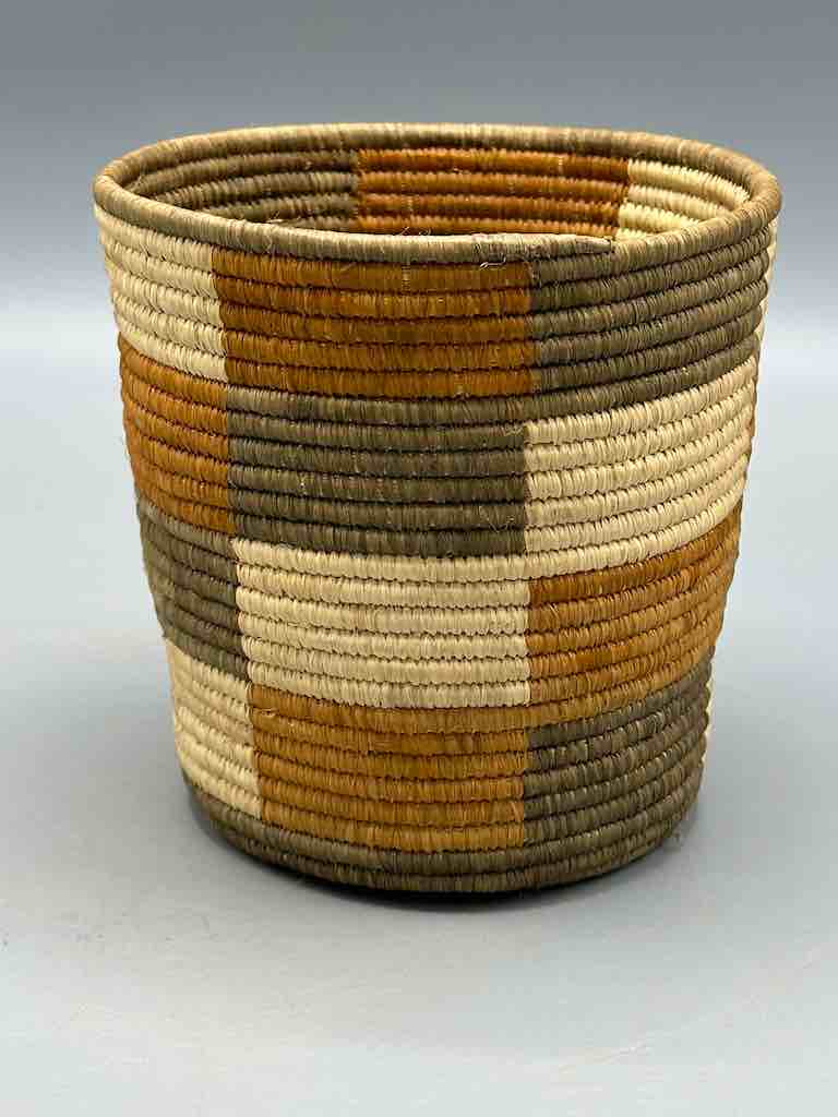 Earth tone checkerboard cylinder tightest weave Batwa basket