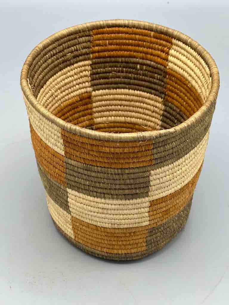 Earth tone checkerboard cylinder tightest weave Batwa basket