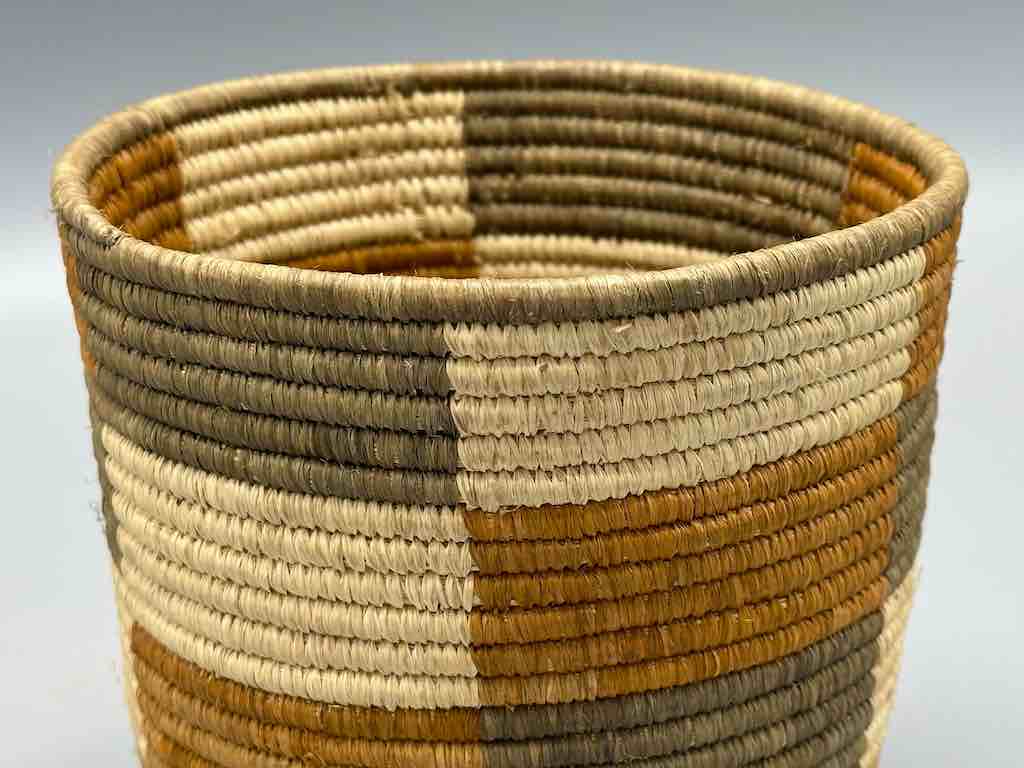 Earth tone checkerboard cylinder tightest weave Batwa basket