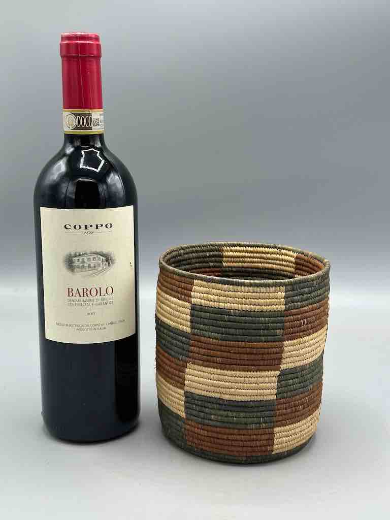 Earth tone checkerboard cylinder tightest weave Batwa basket