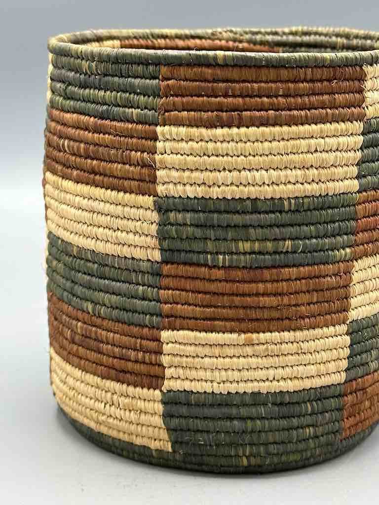 Earth tone checkerboard cylinder tightest weave Batwa basket
