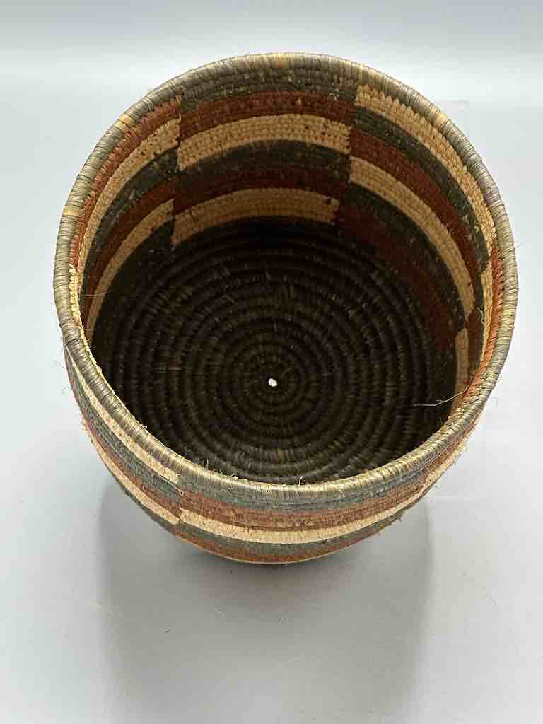 Earth tone checkerboard cylinder tightest weave Batwa basket
