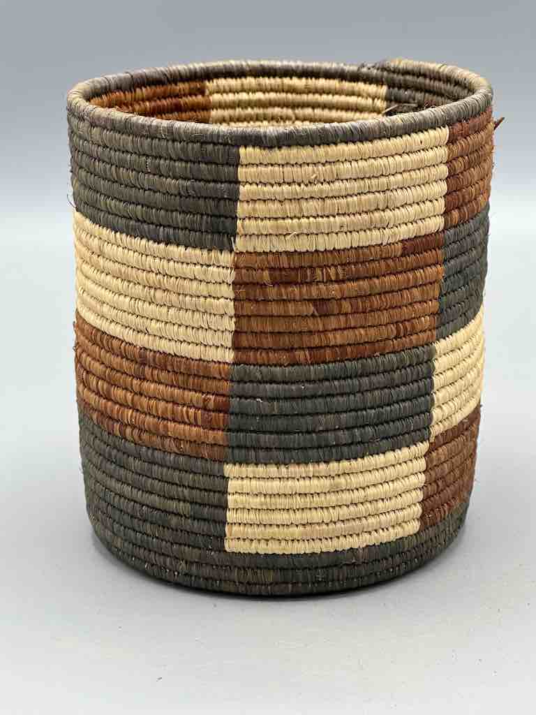 Earth tone checkerboard cylinder tightest weave Batwa basket